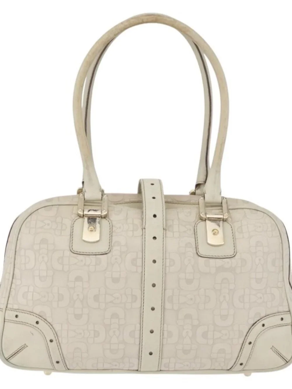 GUCCI Horsebit Hand Bag Leather White Gold 145770 Auth bs34368